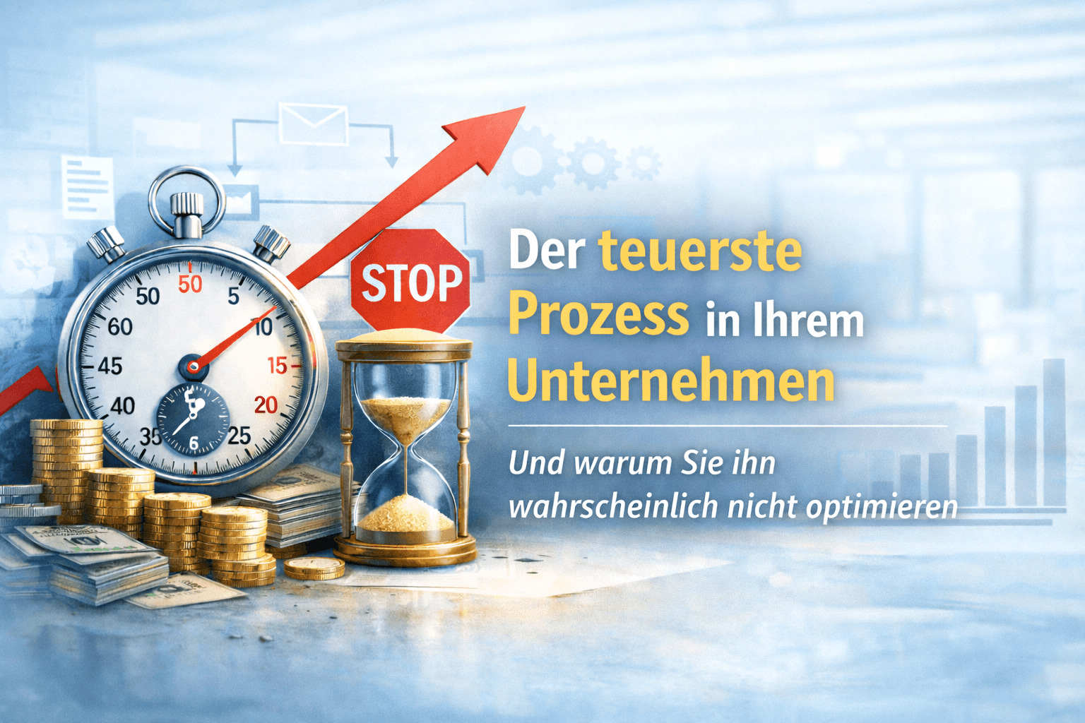 Stoppuhr, Sanduhr, Münzen und Diagramme zum Thema Prozessoptimierung und Kostenreduktion