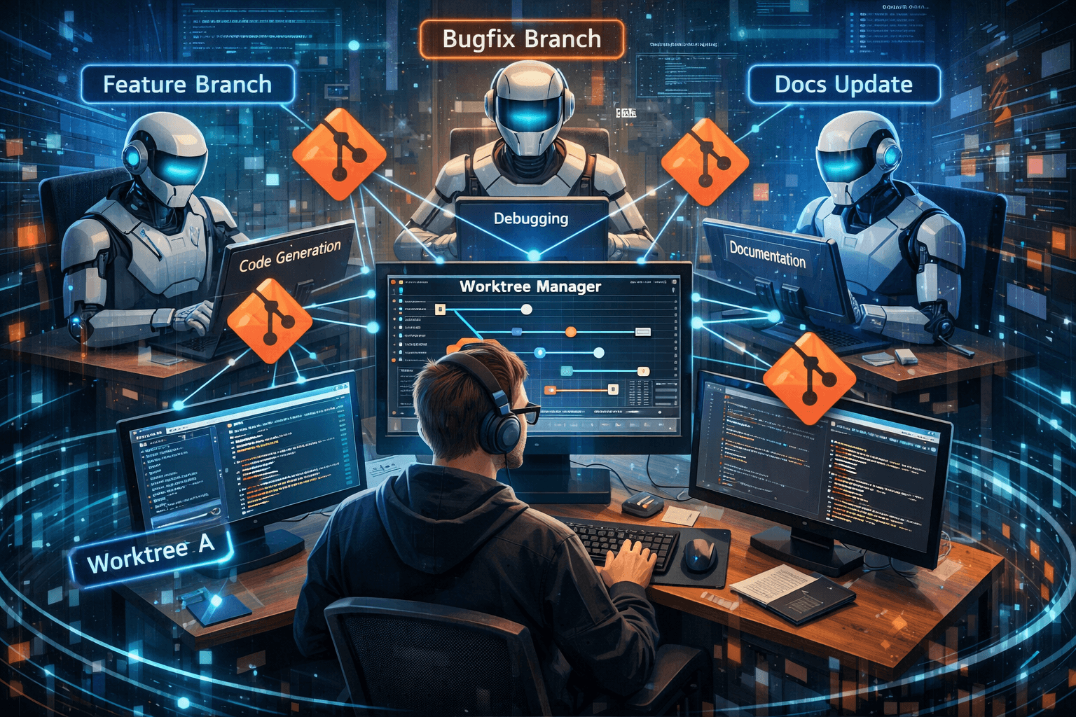 Entwickler koordiniert mehrere KI-Agenten, die parallel in verschiedenen Git Worktrees arbeiten