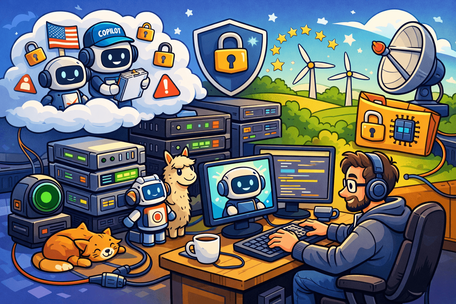 Entwickler arbeitet mit KI-Coding-Assistent auf lokaler Infrastruktur